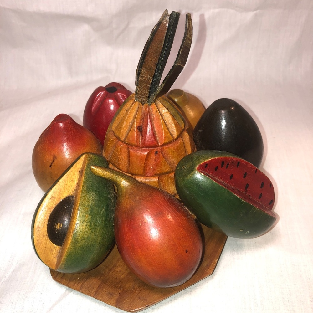 Vintage 1970s Hand Carved Wooden Fruit. On Tray.  Vibrant colors.
